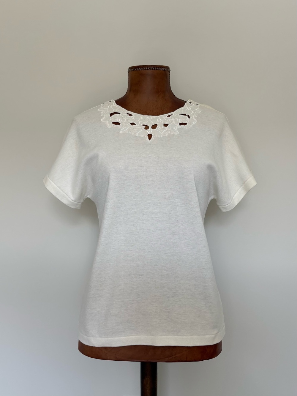 Vintage Contemporary Casuals Women's White Embroidered Cutout Neck Top